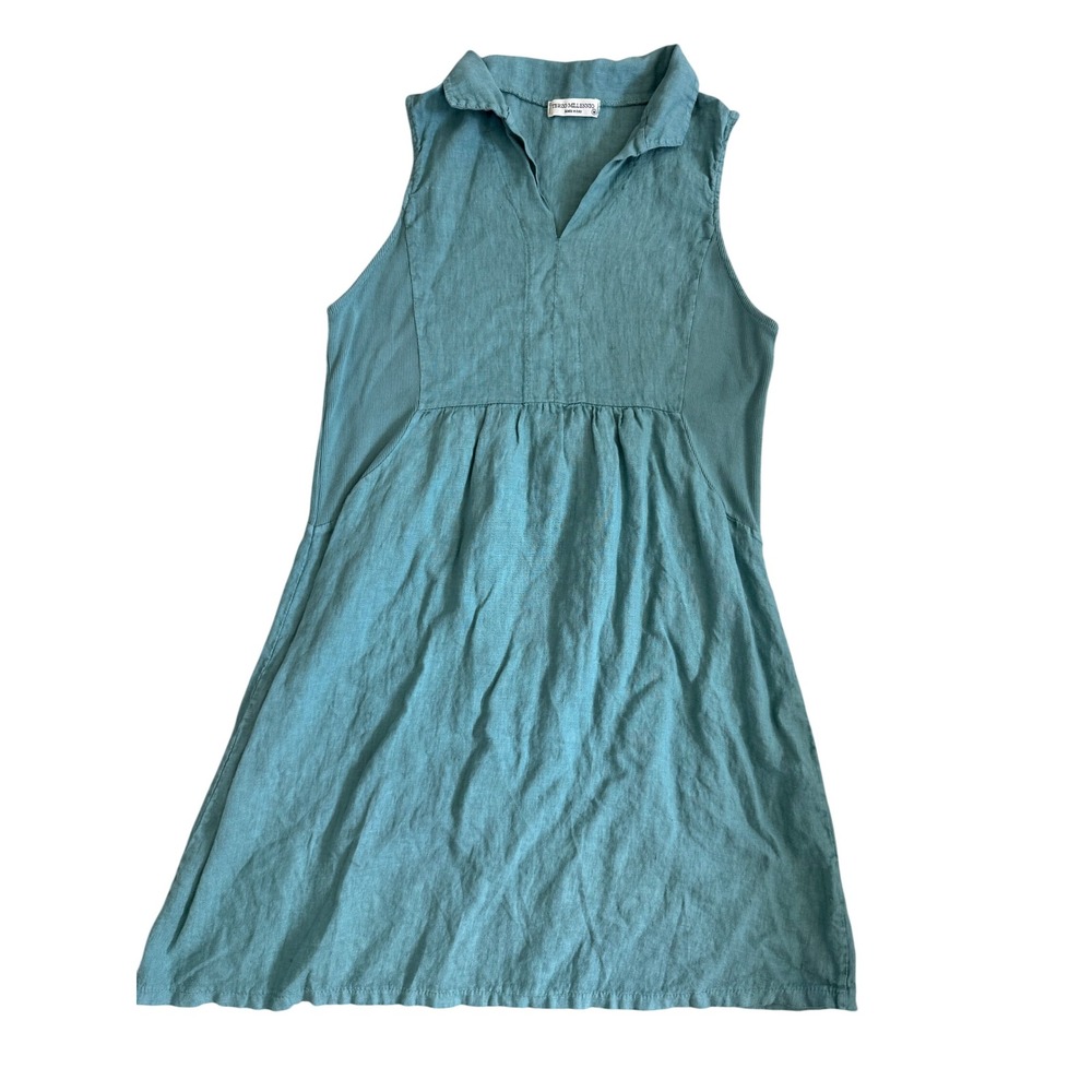 Terzo Millennio Italy Linen Sleeveless Tunic Dress Teal Blue Ribbed Sides Med